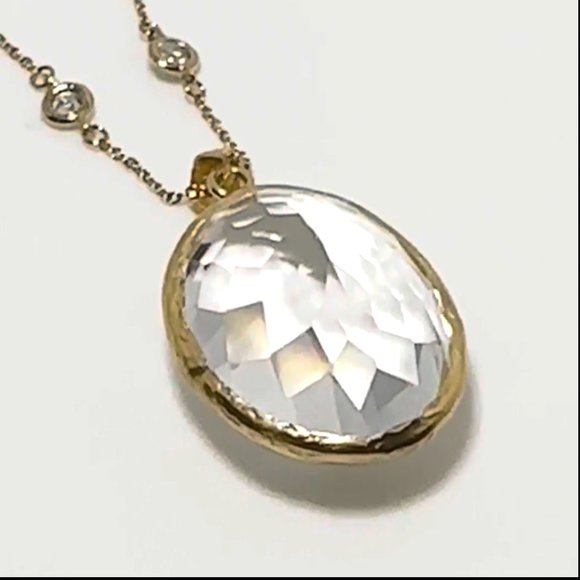 2PCS-CLEAR CRYSTAL QUARTZ CRY PENDANT W/ CZ 1/8" CHAIN, VERMEIL (.925 BASE)/14KT - Picture 1 of 3